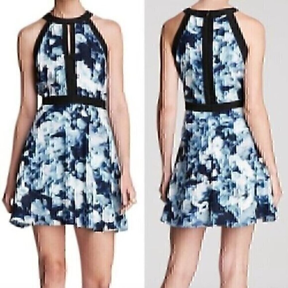 PARKER Nika Keyhole Dress Blue Floral Black Trim Sleeveless SILK Mini Fit Flare